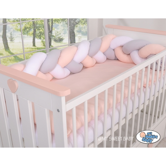 Knot Braided Crib Bumper 1,8m - white-gray-powder pink