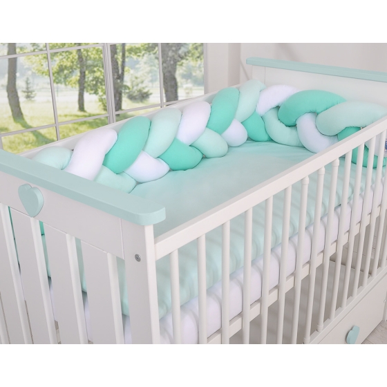 Knot Braided Cushion Bumper for Baby Bed Crib- white-mint