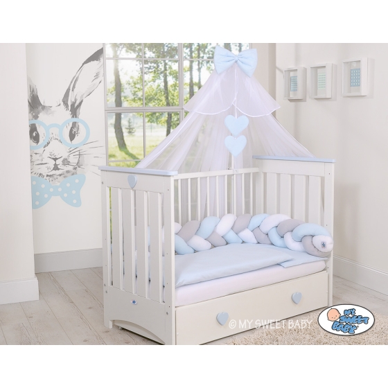 Knotted cot bumper- white-gray-blue