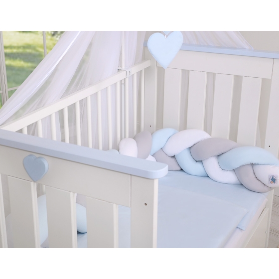 Knotted cot bumper- white-gray-blue