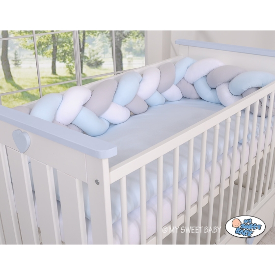 Knotted cot bumper- white-gray-blue