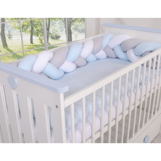 Knotted cot bumper- white-gray-blue