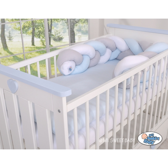 Knotted cot bumper- white-gray-blue