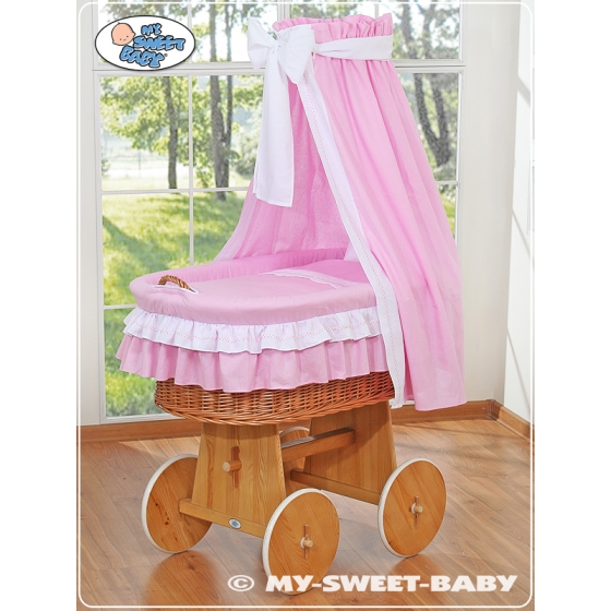 Little Baby Moses Basket on Wheels / Wicker with drapes crib- Bellamy pink