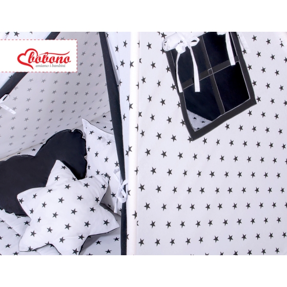 MEGA SET: Kids Teepee tent + playmat + pillows + decorative feathers- Black Stars/black