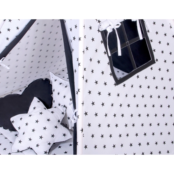 MEGA SET: Kids Teepee tent + playmat + pillows + decorative feathers- Black Stars/black