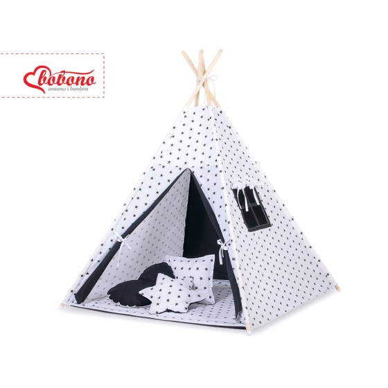 MEGA SET: Kids Teepee tent + playmat + pillows + decorative feathers- Black Stars/black