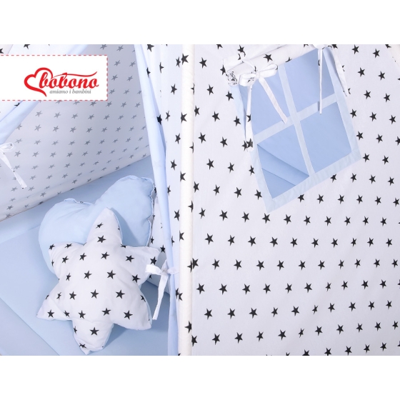 MEGA SET: Kids Teepee tent + playmat + pillows + decorative feathers- Black Stars/blue