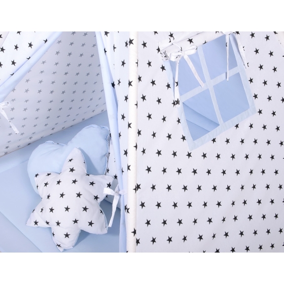 MEGA SET: Kids Teepee tent + playmat + pillows + decorative feathers- Black Stars/blue