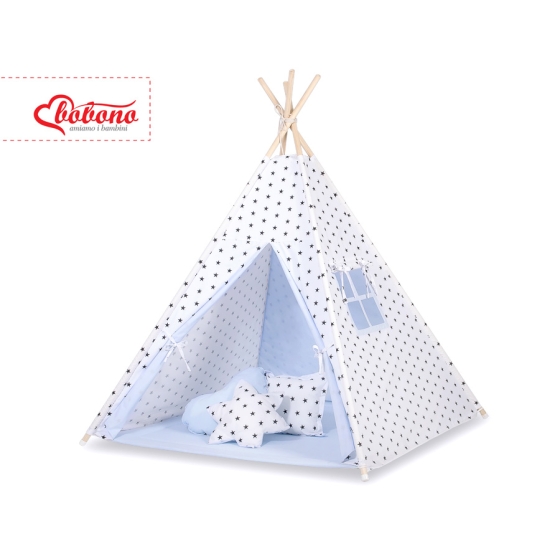 MEGA SET: Kids Teepee tent + playmat + pillows + decorative feathers- Black Stars/blue