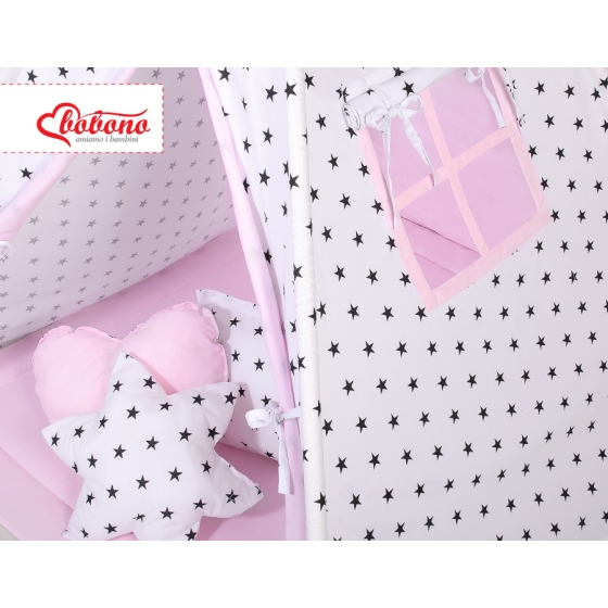 MEGA SET: Kids Teepee tent + playmat + pillows + decorative feathers- Black Stars/pink