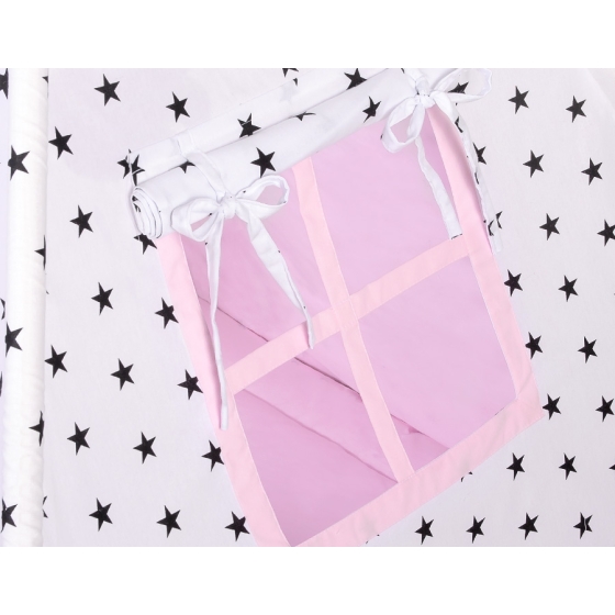 MEGA SET: Kids Teepee tent + playmat + pillows + decorative feathers- Black Stars/pink