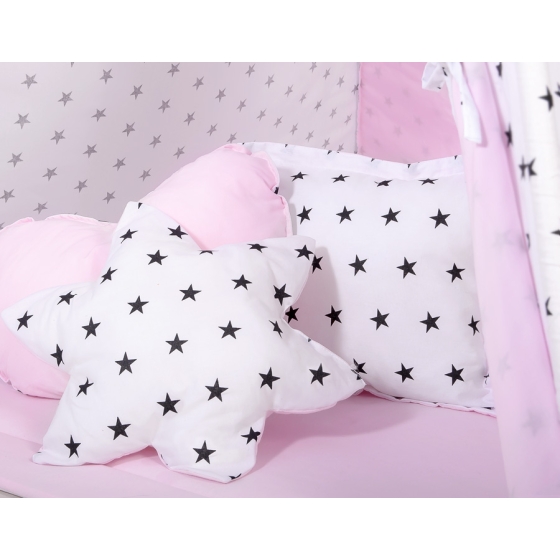 MEGA SET: Kids Teepee tent + playmat + pillows + decorative feathers- Black Stars/pink