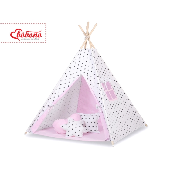 MEGA SET: Kids Teepee tent + playmat + pillows + decorative feathers- Black Stars/pink