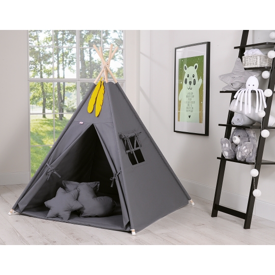 MEGA SET: Kids Teepee tent + playmat + pillows + decorative feathers FREE!- anthracite