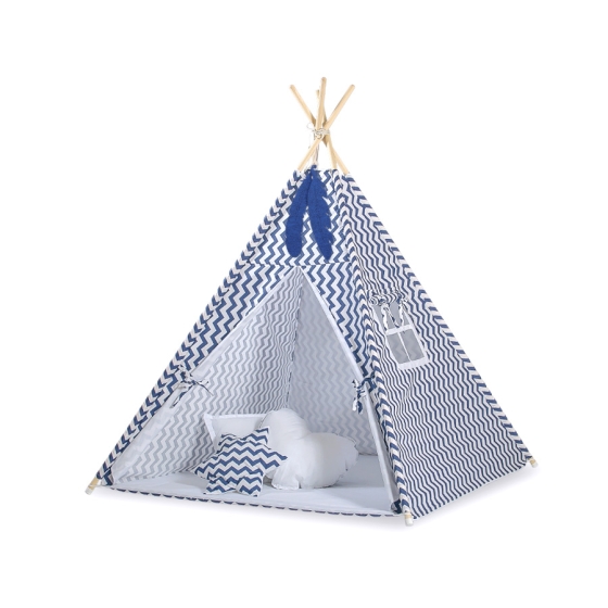 MEGA SET: Kids Teepee tent + playmat + pillows + decorative feathers FREE! - Chevron navy blue