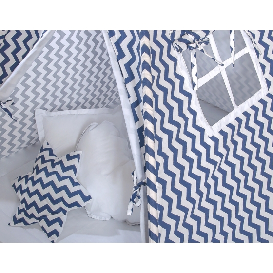 MEGA SET: Kids Teepee tent + playmat + pillows + decorative feathers FREE! - Chevron navy blue