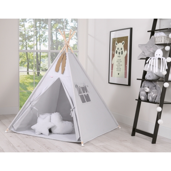 MEGA SET: Kids Teepee tent + playmat + pillows + decorative feathers FREE! - gray