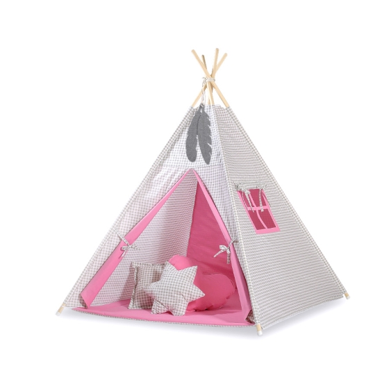 MEGA SET: Kids Teepee tent + playmat + pillows + decorative feathers FREE!- Gray checkered-pink