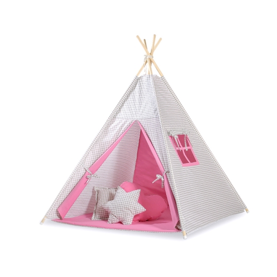 MEGA SET: Kids Teepee tent + playmat + pillows + decorative feathers FREE!- Gray checkered-pink