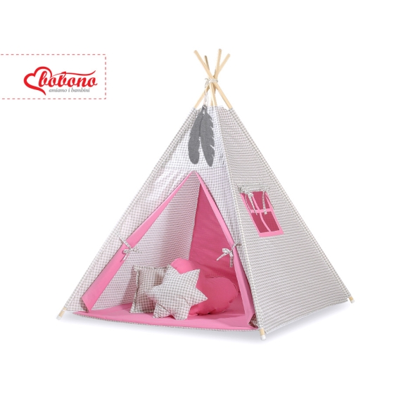 MEGA SET: Kids Teepee tent + playmat + pillows + decorative feathers FREE!- Gray checkered-pink