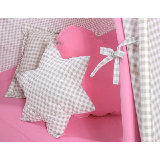 MEGA SET: Kids Teepee tent + playmat + pillows + decorative feathers FREE!- Gray checkered-pink