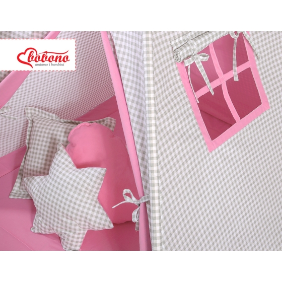 MEGA SET: Kids Teepee tent + playmat + pillows + decorative feathers FREE!- Gray checkered-pink