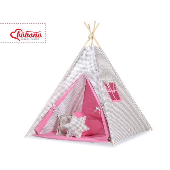 MEGA SET: Kids Teepee tent + playmat + pillows + decorative feathers FREE!- Gray checkered-pink