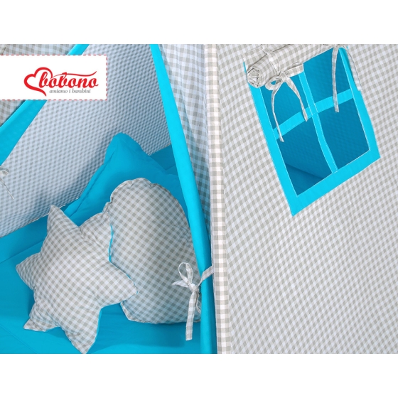 MEGA SET: Kids Teepee tent + playmat + pillows + decorative feathers FREE!- Gray checkered-turquoise
