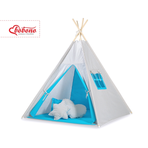 MEGA SET: Kids Teepee tent + playmat + pillows + decorative feathers FREE!- Gray checkered-turquoise