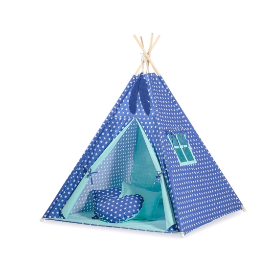 MEGA SET: Kids Teepee tent + playmat + pillows + decorative feathers FREE!- Navy blue stars