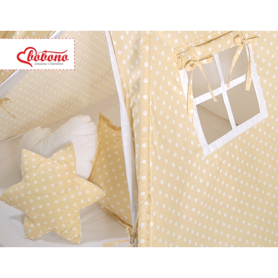 MEGA SET: Kids Teepee tent + playmat + pillows + decorative feathers FREE!- White dots on beige