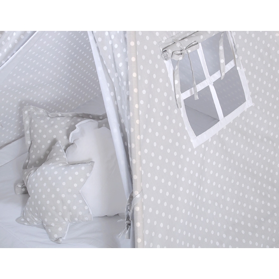 MEGA SET: Kids Teepee tent + playmat + pillows + decorative feathers FREE!- White dots on Gray