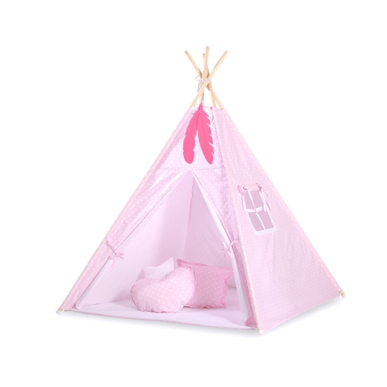 MEGA SET: Kids Teepee tent + playmat + pillows + decorative feathers FREE! - White dots on pink