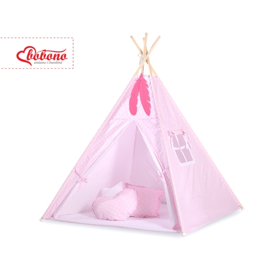 MEGA SET: Kids Teepee tent + playmat + pillows + decorative feathers FREE! - White dots on pink