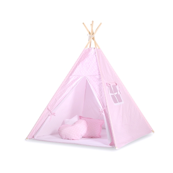MEGA SET: Kids Teepee tent + playmat + pillows + decorative feathers FREE! - White dots on pink