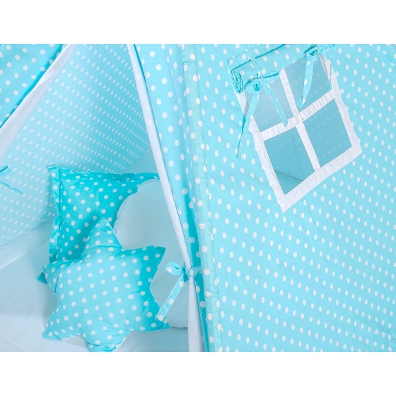 MEGA SET: Kids Teepee tent + playmat + pillows + decorative feathers FREE! - White dots on turquoise