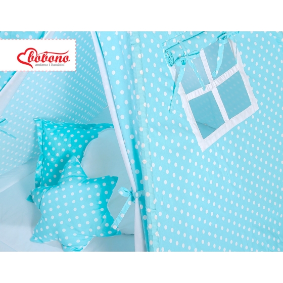 MEGA SET: Kids Teepee tent + playmat + pillows + decorative feathers FREE! - White dots on turquoise