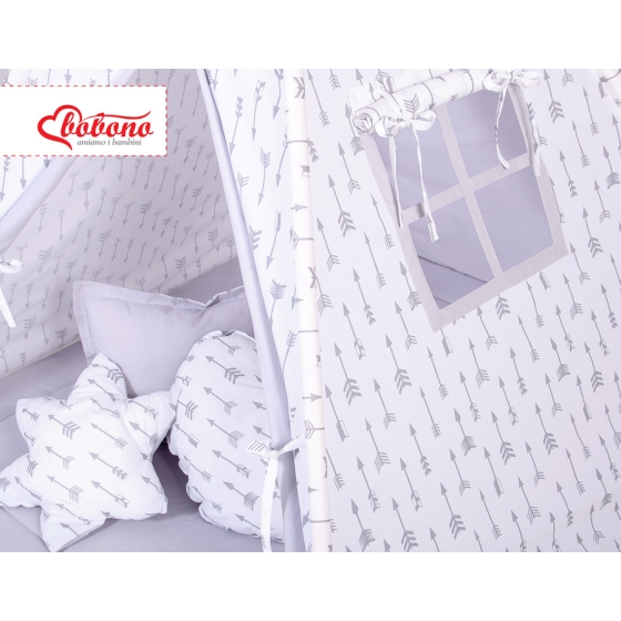 MEGA SET: Kids Teepee tent + playmat + pillows + decorative feathers- Gray arrows