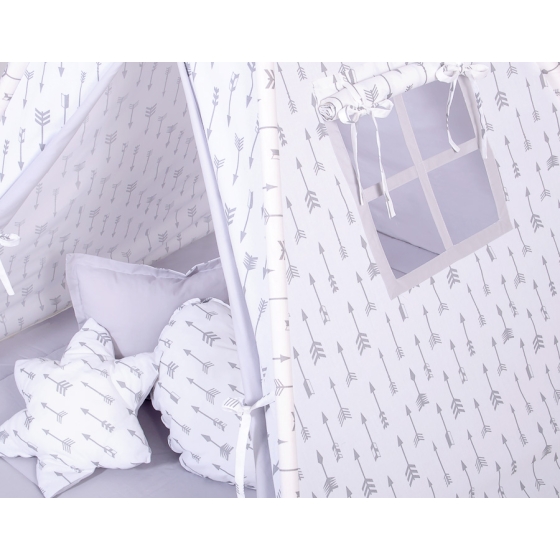 MEGA SET: Kids Teepee tent + playmat + pillows + decorative feathers- Gray arrows