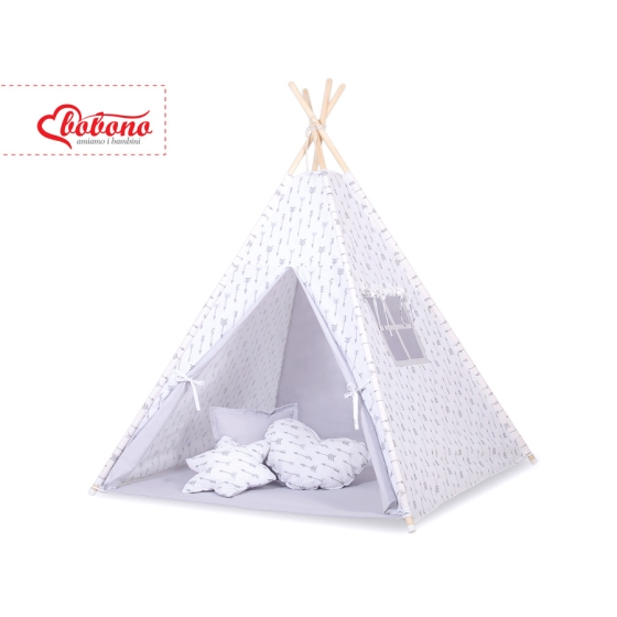 MEGA SET: Kids Teepee tent + playmat + pillows + decorative feathers- Gray arrows