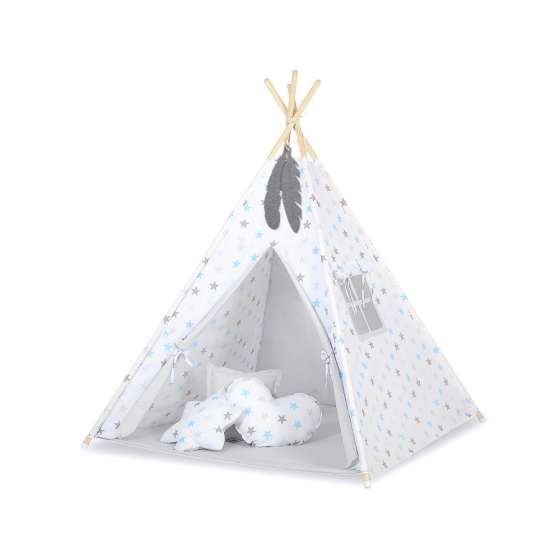 MEGA SET: Kids Teepee tent + playmat + pillows + decorative feathers- Stars blue-Gray/Gray