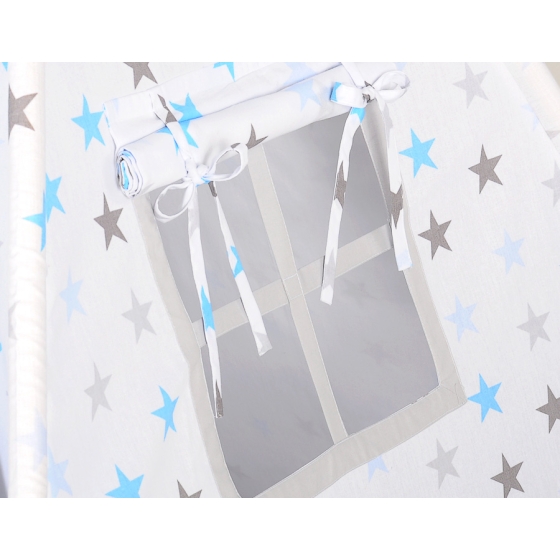 MEGA SET: Kids Teepee tent + playmat + pillows + decorative feathers- Stars blue-Gray/Gray