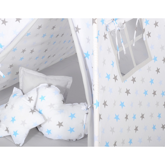 MEGA SET: Kids Teepee tent + playmat + pillows + decorative feathers- Stars blue-Gray/Gray