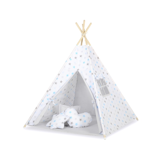 MEGA SET: Kids Teepee tent + playmat + pillows + decorative feathers- Stars blue-Gray/Gray