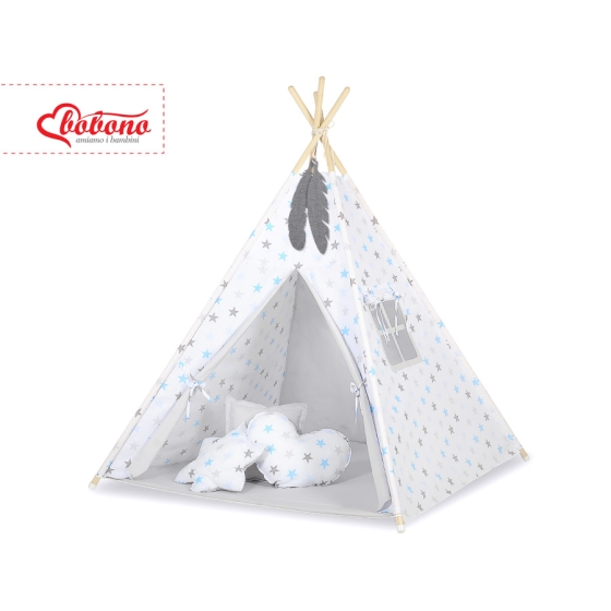 MEGA SET: Kids Teepee tent + playmat + pillows + decorative feathers- Stars blue-Gray/Gray