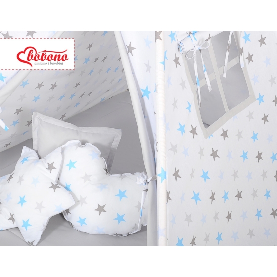 MEGA SET: Kids Teepee tent + playmat + pillows + decorative feathers- Stars blue-Gray/Gray