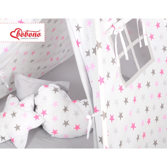 MEGA SET: Kids Teepee tent + playmat + pillows + decorative feathers- Stars pink-Gray/Gray