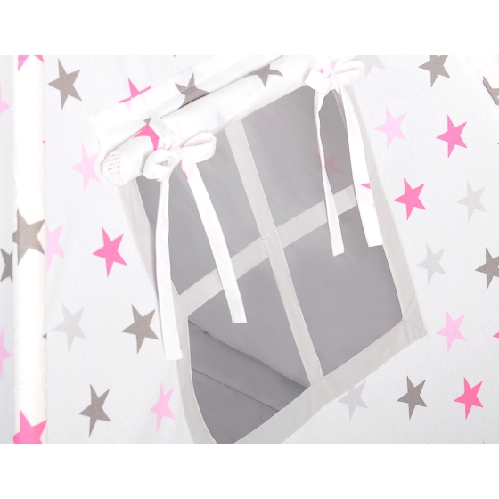 MEGA SET: Kids Teepee tent + playmat + pillows + decorative feathers- Stars pink-Gray/Gray