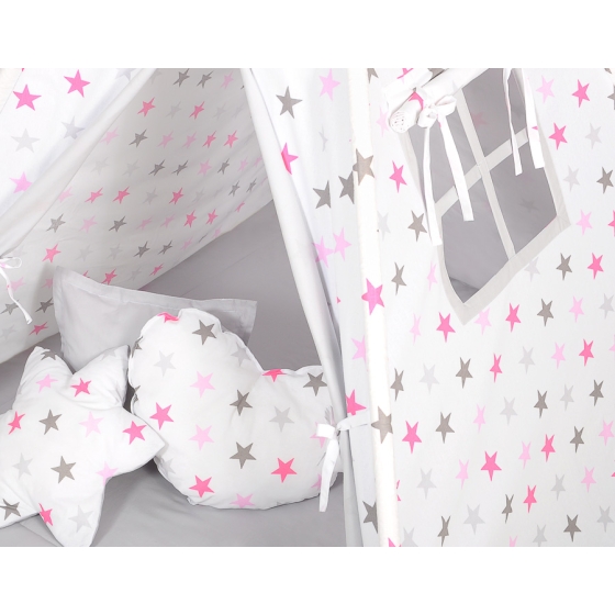 MEGA SET: Kids Teepee tent + playmat + pillows + decorative feathers- Stars pink-Gray/Gray